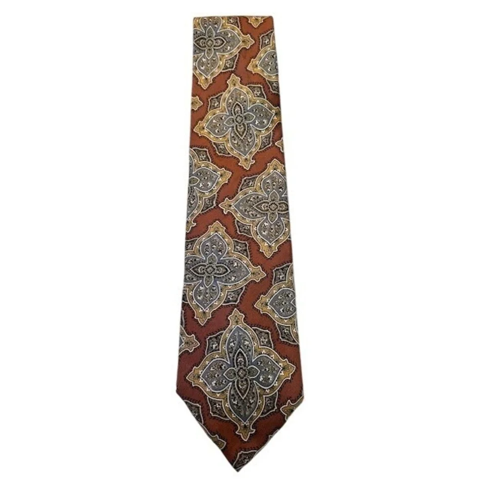Bill Blass Mens Silk Tie Rust Blue Gold Medallion‎ Geometric Pattern Made in USA